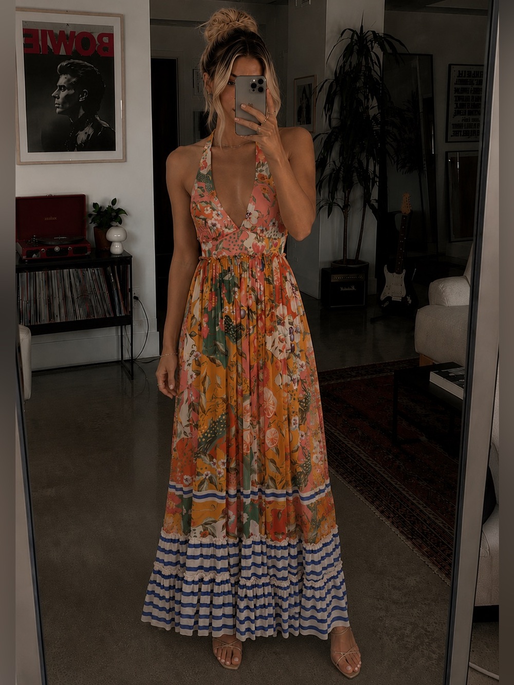 Agua Bendita Ashley Seed Mesh Sheer Tropical Halter Maxi Dress Womens Small NWT